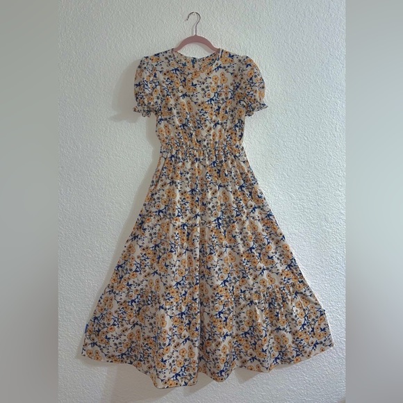 Shein White dress with yellow/orange flowers and blue designs - Picture 3 of 7